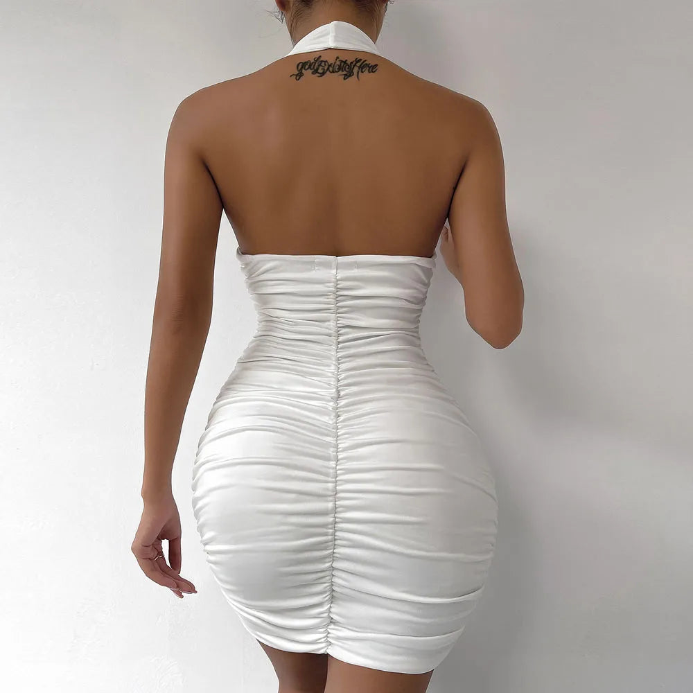 Fairyshely Sexy Ruffle V Deep Evening Party Dress 2025 Summer Short White Halter Dresses Women Tight Club Mini Dress Clubwear