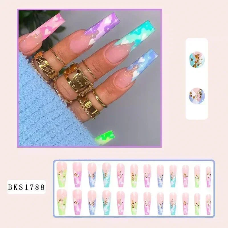 24Pcs Black Ballet False Nails Long Coffin Nail Tips Detachable Press on Nails DIY Manicure Colorful Eyes Designs Fake Nails