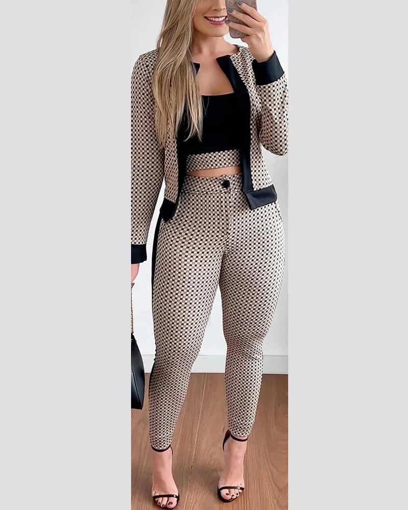 Sets Outifits Women Spring Autumn 3 Piece Set Plaid Print Crop Top & Pants Set With Coat Fashion Casual Elegant