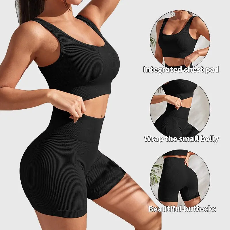 Seamless Ribbed Yoga Sets Workout Sets for Women 2 Pieces Gym Suits