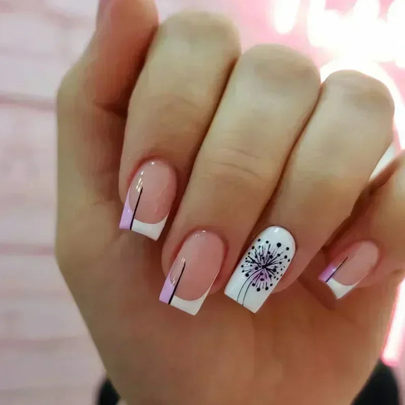 24Pcs Short Square French False Nails with Flower Shiny White Edge Design Pink Glitter Fake Nails Full Cover Press on Nails Tips