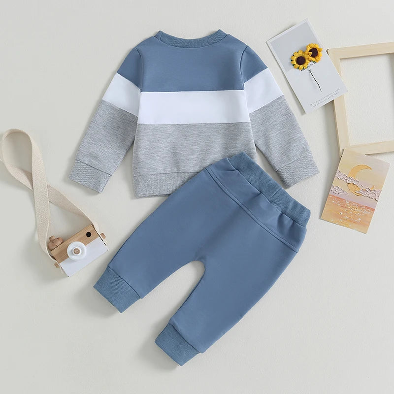 Toddler Baby Boy Fall Winter Clothes Color Block Long Sleeve Sweatshirt Pullover Top Pants Sweatsuit Set Outfits 0-3T