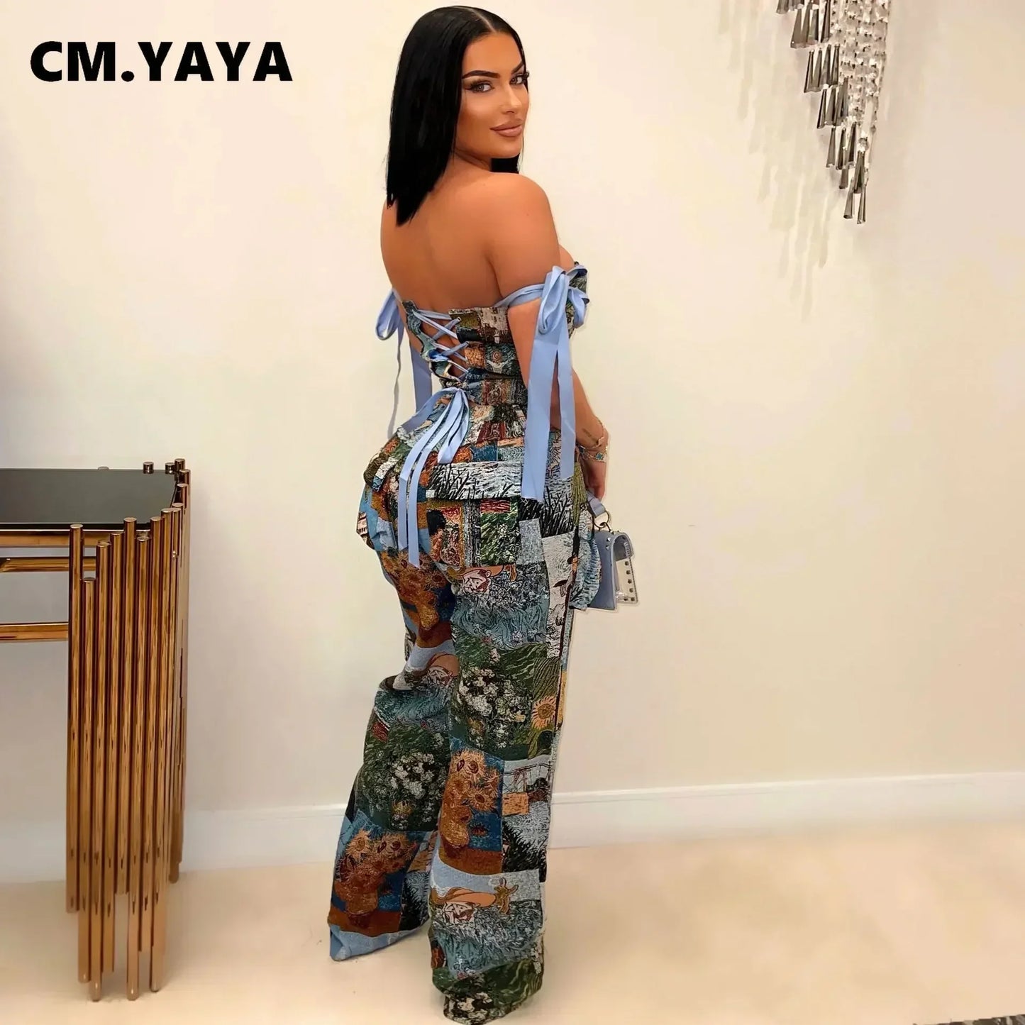 Oil Painting Printed Women's Set Lace Up Back Crop Top and Pants Suit