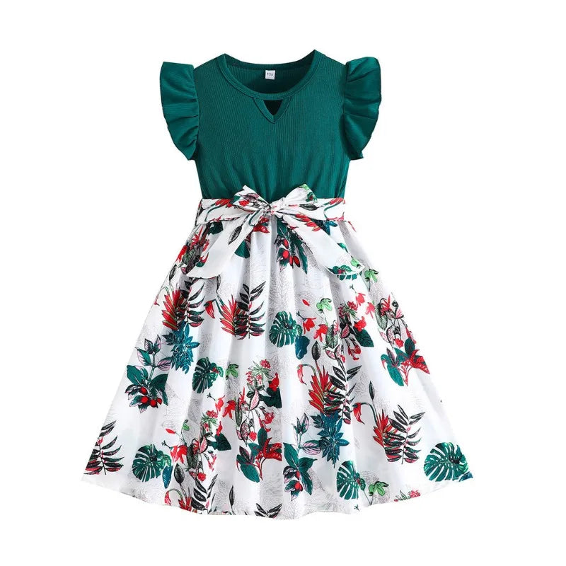 Dress For Kids 7-12 Years old Birthday Emerald Green Ruffled Sleeveless Floral Princess Dresses