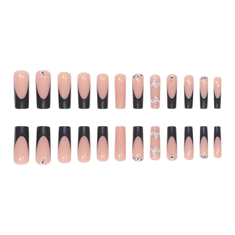 Fashionable Set Of 24 Rectangle Shaped Black French Nail Tips With Glitter & Silver Butterfly Rhinestone Decoration