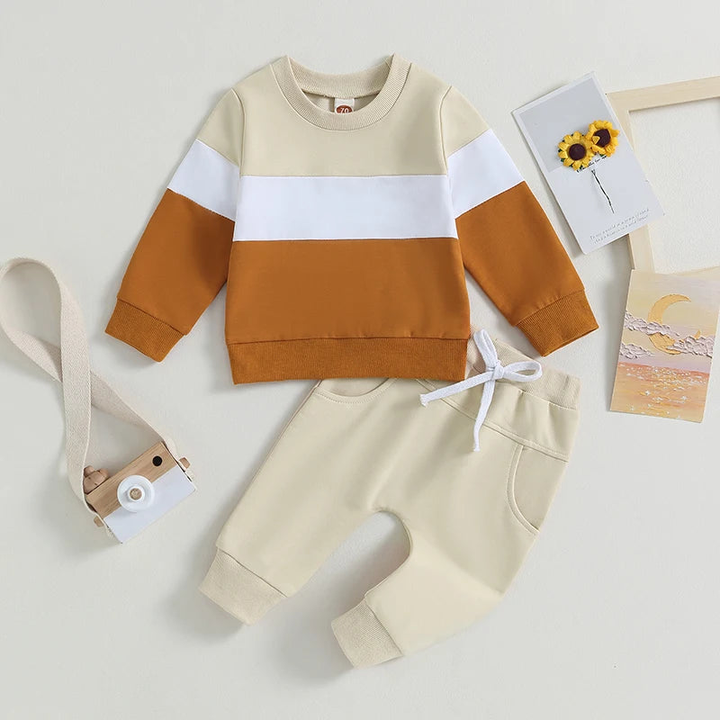Toddler Baby Boy Fall Winter Clothes Color Block Long Sleeve Sweatshirt Pullover Top Pants Sweatsuit Set Outfits 0-3T