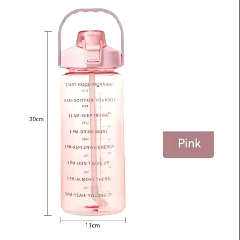 Large Capacity Plastic Straw Portable Sports Straw Water Bottle With Time Marker 2L Large Capacity Cup,Water Jug With Handle