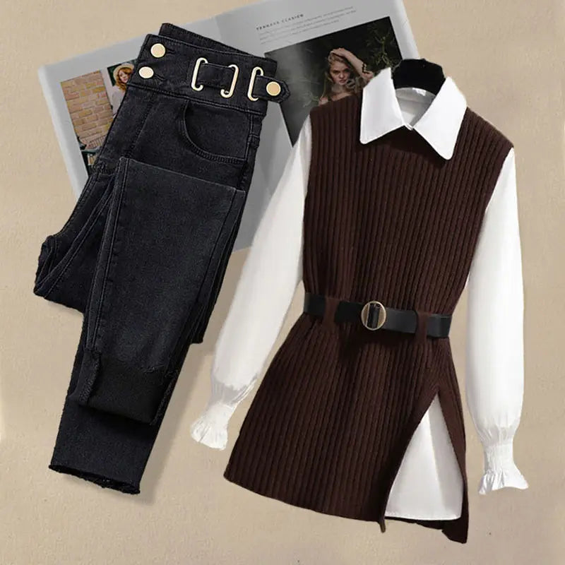 Large Autumn and Winter Suit for Women Vest Shirt Casual Slim Jeans Three Piece Set