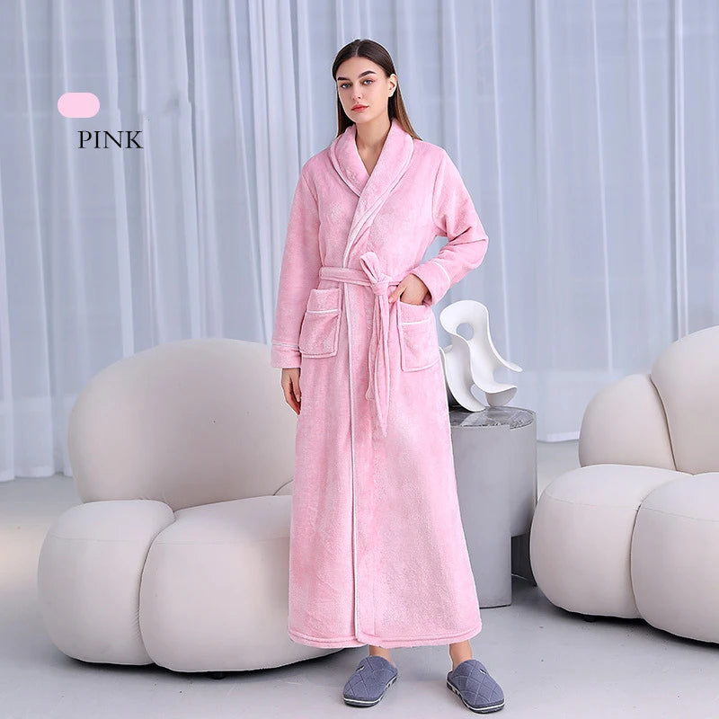 Womens Solid Color Bathrobe Ladies Fleece Plush Warm Long Robes Fleece Nightgown Sleepwear Couple's Thick Flannel Homewear