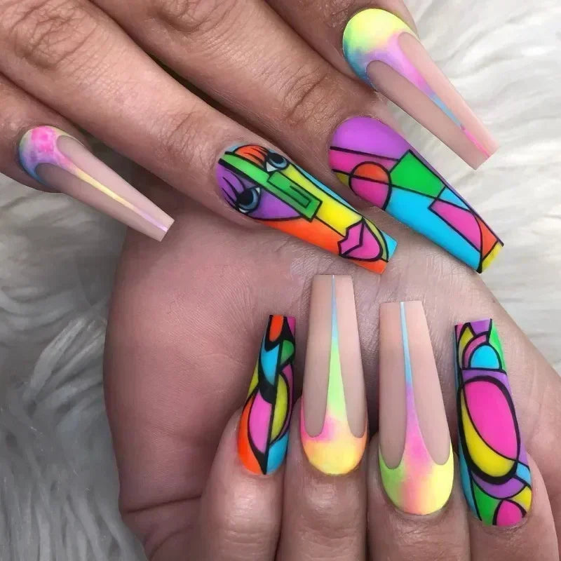 24Pcs Black Ballet False Nails Long Coffin Nail Tips Detachable Press on Nails DIY Manicure Colorful Eyes Designs Fake Nails