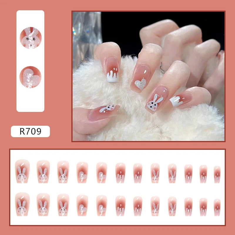 Sweet Mountain Tea Wearable Pink Press On Fake Nails Tips With Glue false nails design Butterfly Lovely Girl false nails