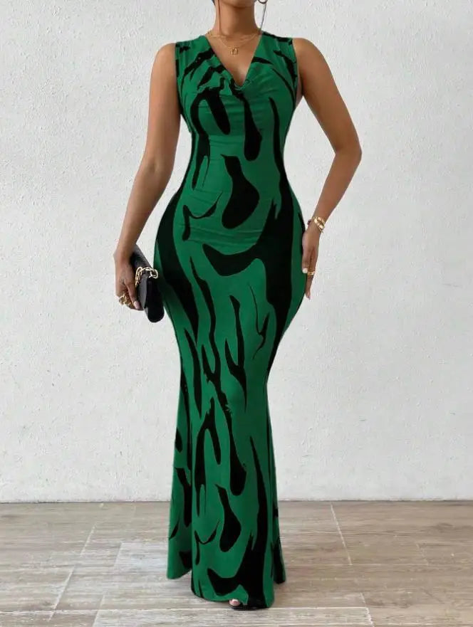 Women Print Dress Sleeveless Splice Slim Fit Long Dresses Midi Waist Wrap Hip