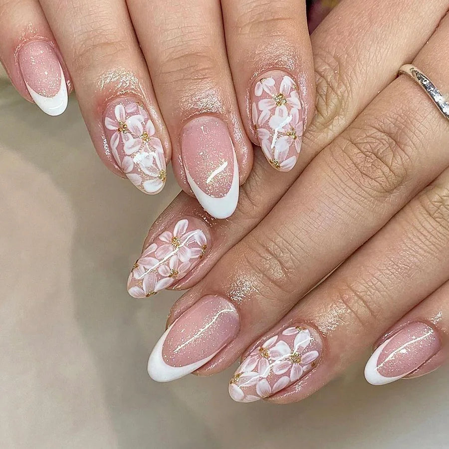 24Pcs Mid-length False Nails with Almond Head Design Brown Gold Lines Fake Nails Oval Wearable French Press on Nail Tips