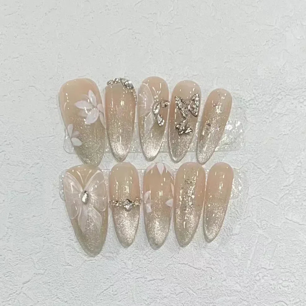 10Pcs Full Cover Butterflies Rhinestones Design Pink Almond