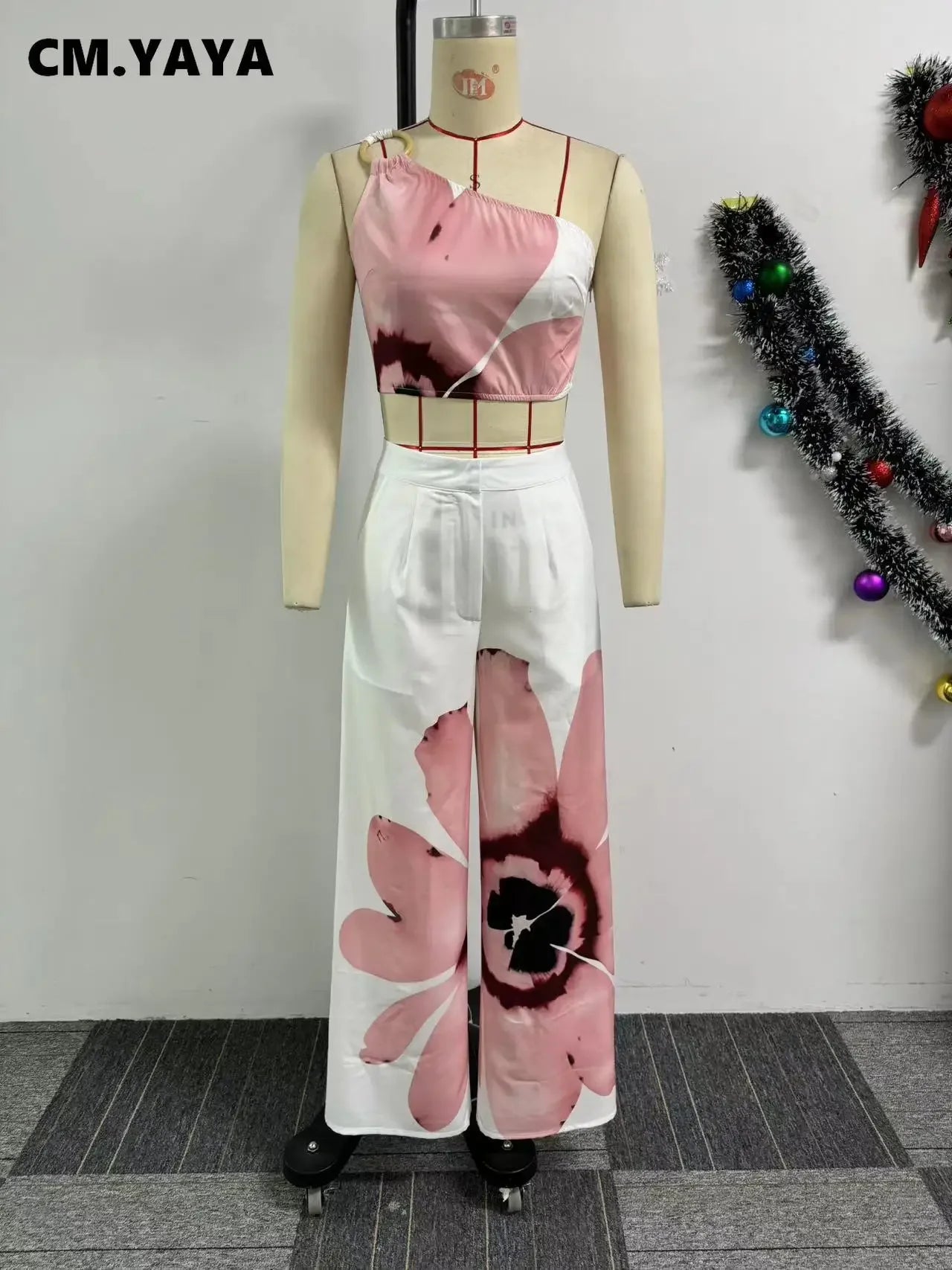 Floral Print Sleeveless Skew Collar Tops +Wide Leg Pants
