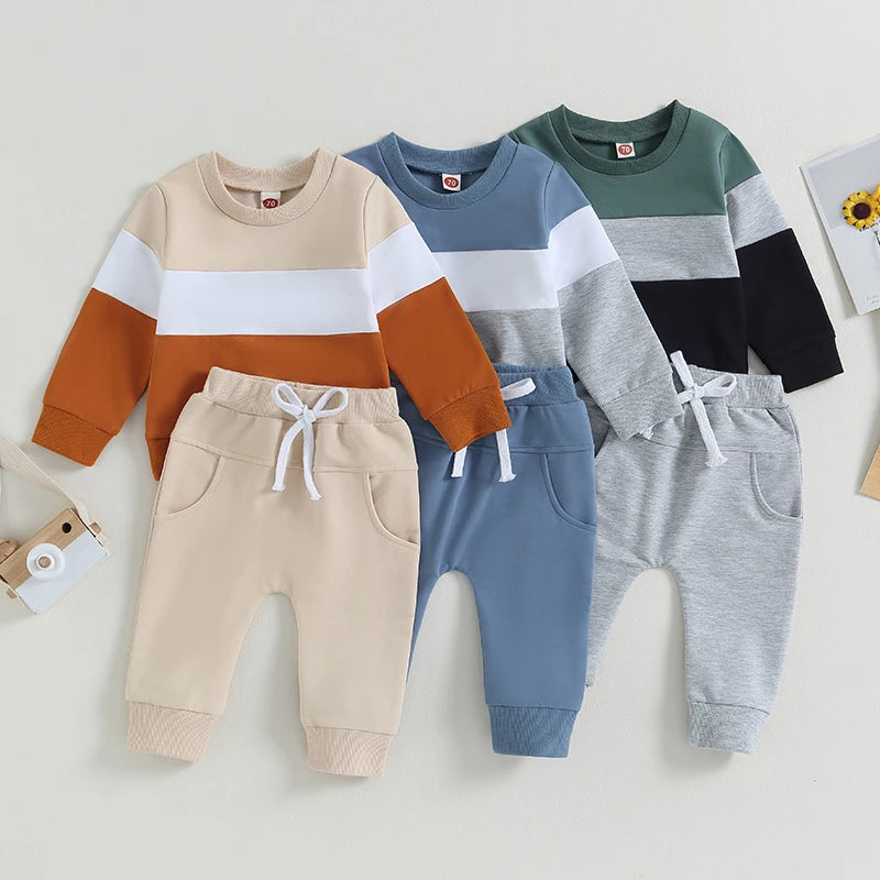 Toddler Baby Boy Fall Winter Clothes Color Block Long Sleeve Sweatshirt Pullover Top Pants Sweatsuit Set Outfits 0-3T