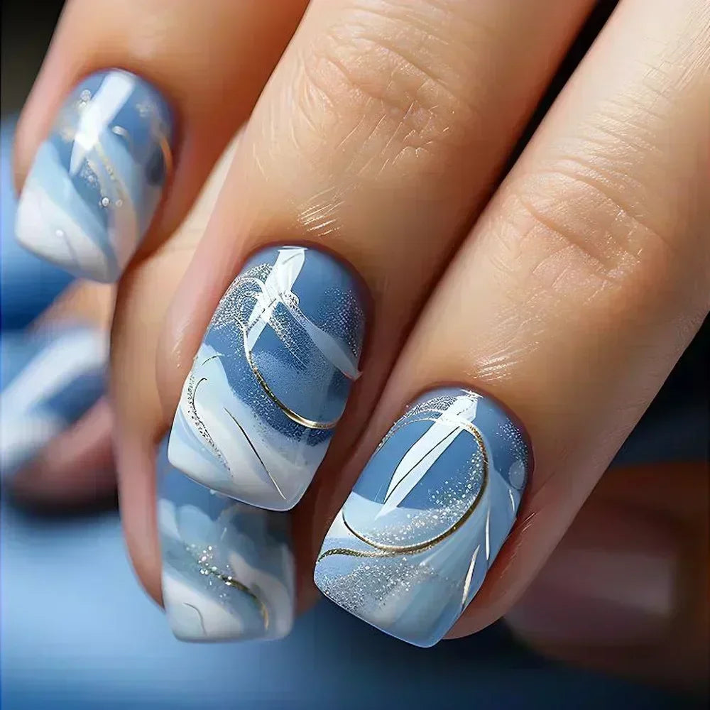 24Pcs Sweet Cool Press on Nails Short Square False Nail Gradient Glitter Line Fake Nails Full Cover Glossy Acrylic Manicure Nail
