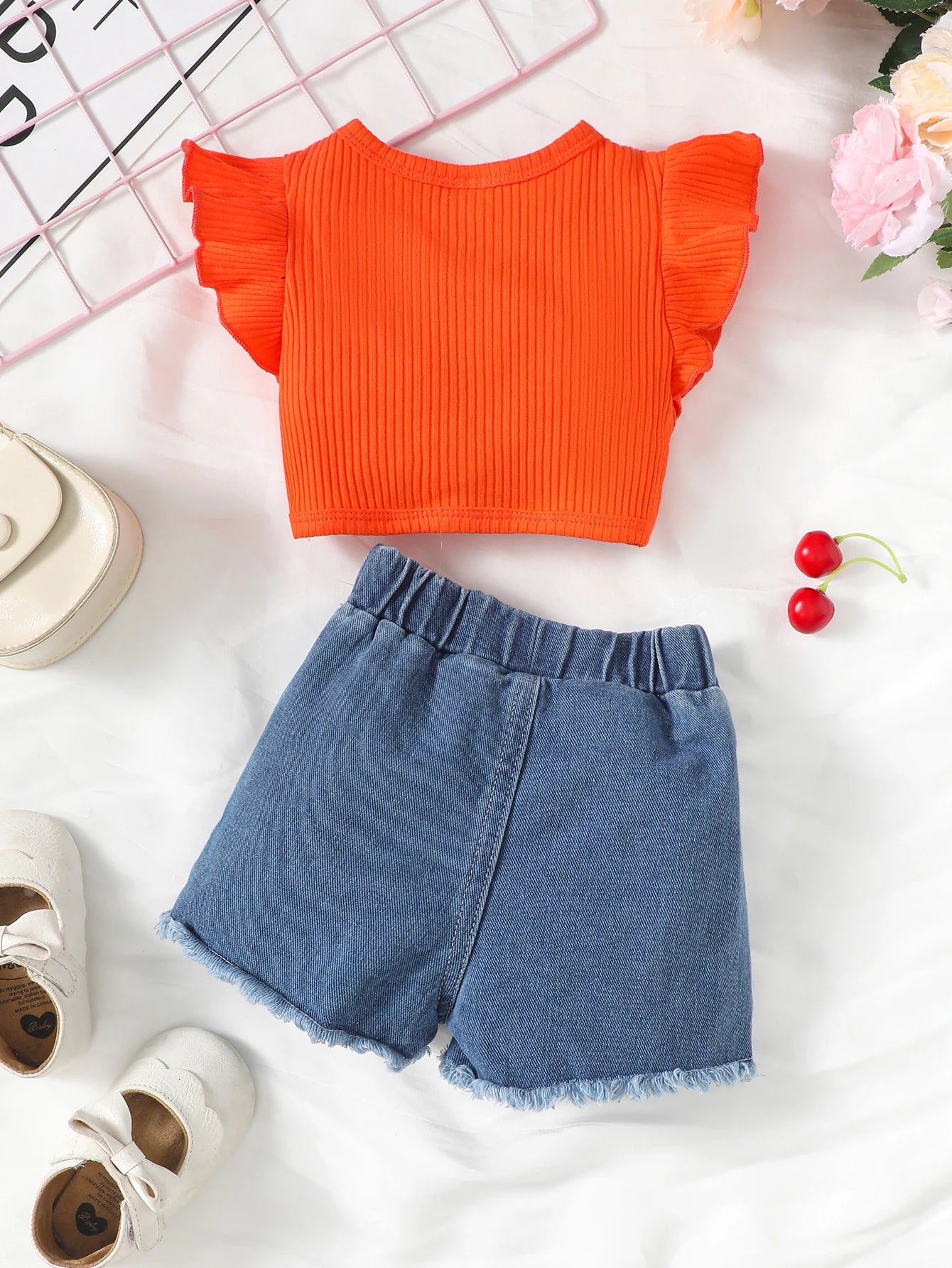 Baby Girls Summer Solid Color Flying Sleeve Lace Sleeve Design V-Neck Top With Ripped Pockets Elasticated Waist Baggy Jeans