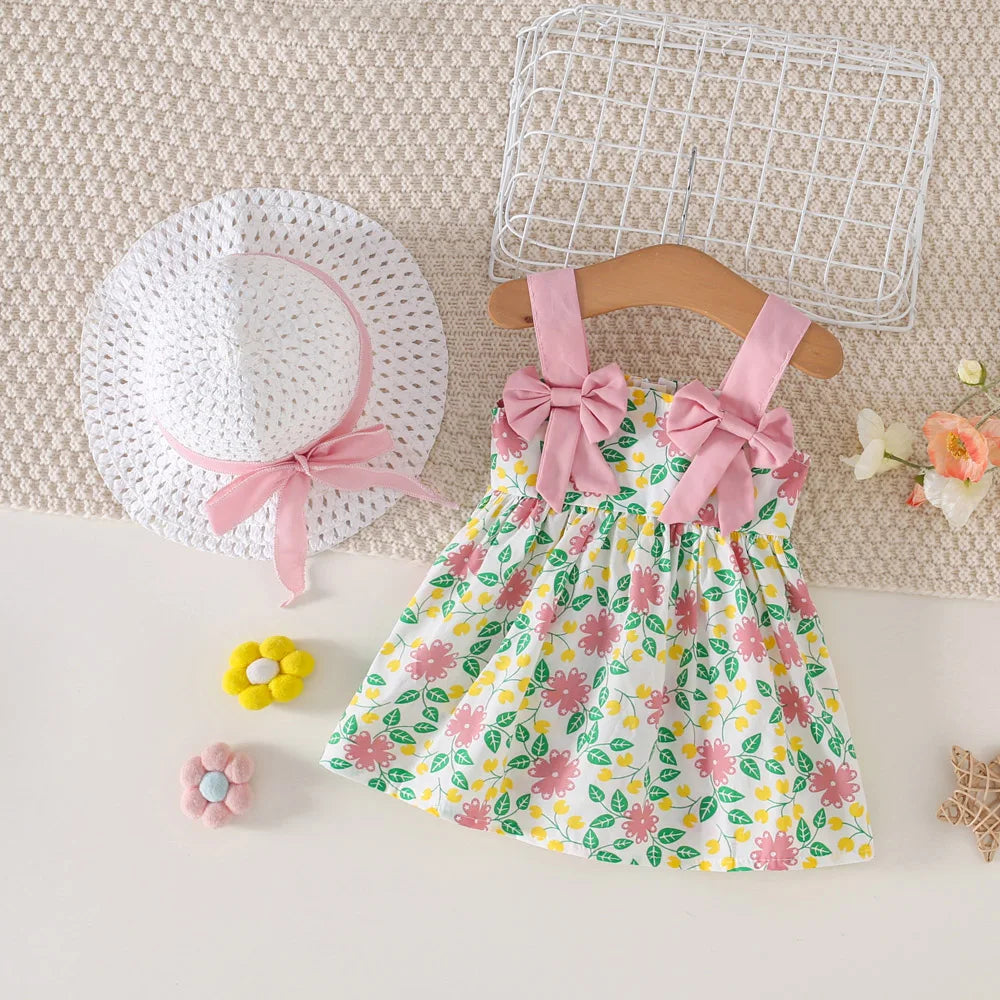 2Pcs/Set Baby Girl's Summer Camisole Dress 0-3 Years Old New Girls' Thin Style Western-Style Beach Dress With Grass Hat Included