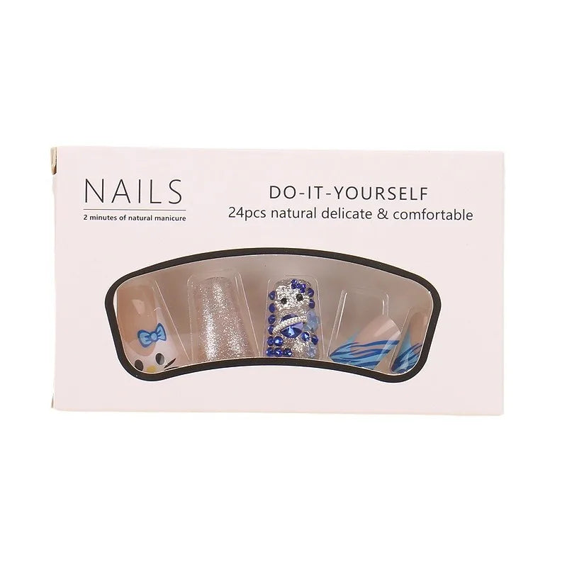 Y2K duck Press on Nails 24pcs Hellokitty Design Blue Rhinestone Decor Acrylic French Tips