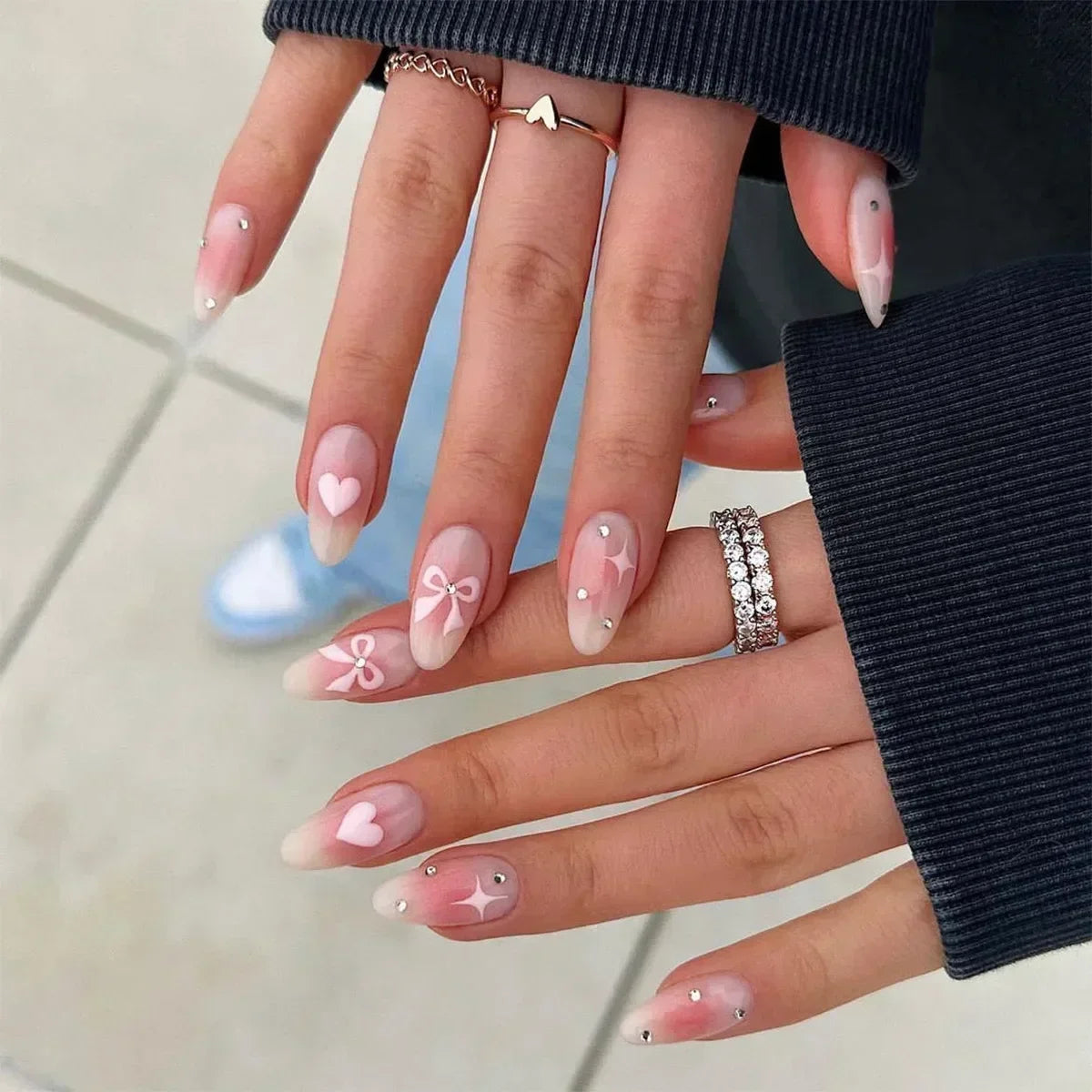 24Pcs Almond False Nails Cute Strawberries with French Design Simple White Wearable Fake Nails Decoration Press on Nail Tips Art