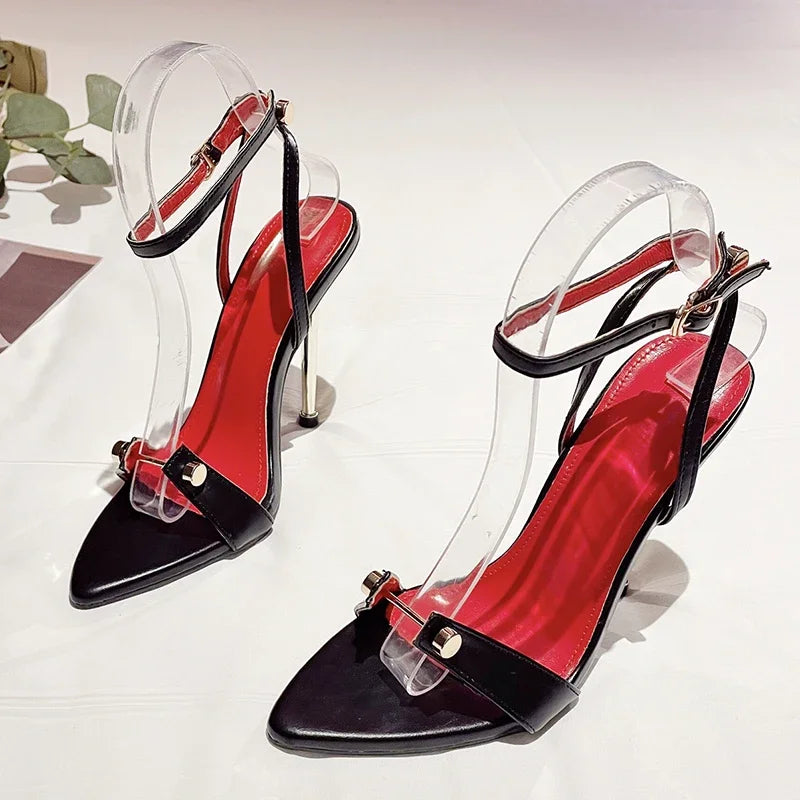 Aneikeh Fashion Pointed Toe High Heels Designer Sandals Thin Heel Metal T-Head Rivet Stripe Narrow Band Ankle Strap Sandalia