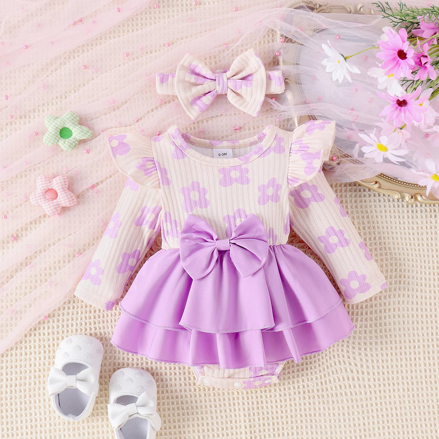 2PCS Autumn New Style 0-1 Year Old Girl Baby Sweet And Cute Round Collar Printed Long-Sleeved Dress + Hair Band