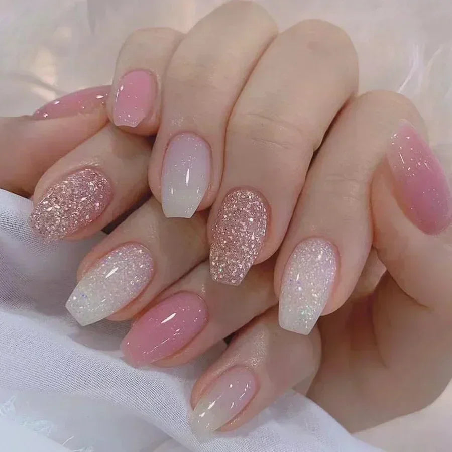 24Pcs Short Square French False Nails with Flower Shiny White Edge Design Pink Glitter Fake Nails Full Cover Press on Nails Tips