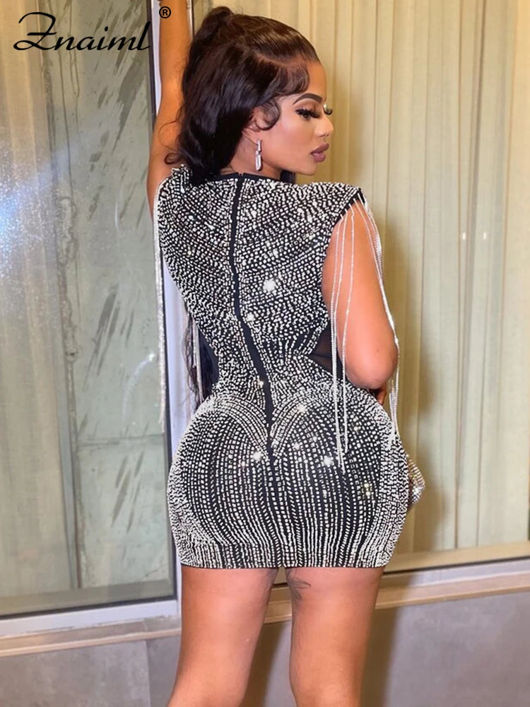 Mesh Sheer Patchwork Sparkly mini dress Crystal Diamonds Rhinestone