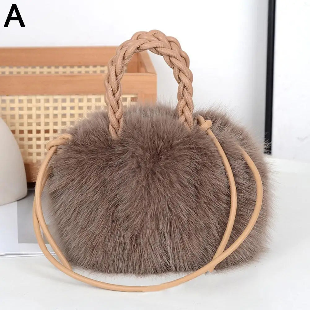 Cute Pumpkin Bag Faux Fur Tote Bag Women's Bucket Plush Luxury Design Ladies Handbags Soft Winter Sweet Girl Handbag