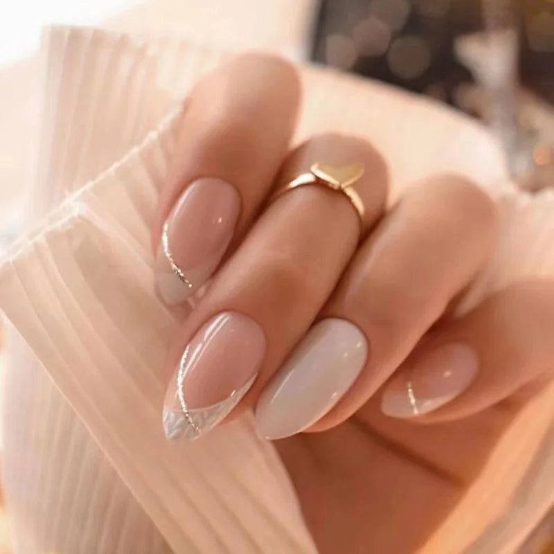 24Pcs Mid-length False Nails with Almond Head Design Brown Gold Lines Fake Nails Oval Wearable French Press on Nail Tips