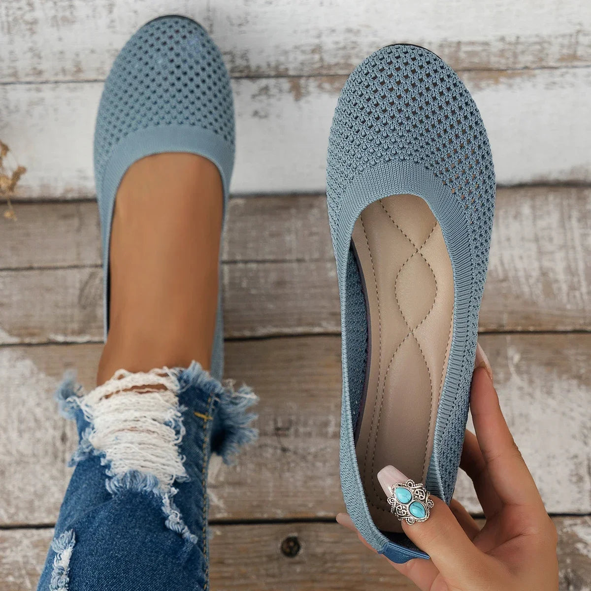 Women Round Toe Flat Shoes Solid Color Knitted Slip on Shoes Casual Breathable Ballet Flats Women Mesh Flat Shoes Loafers Woman