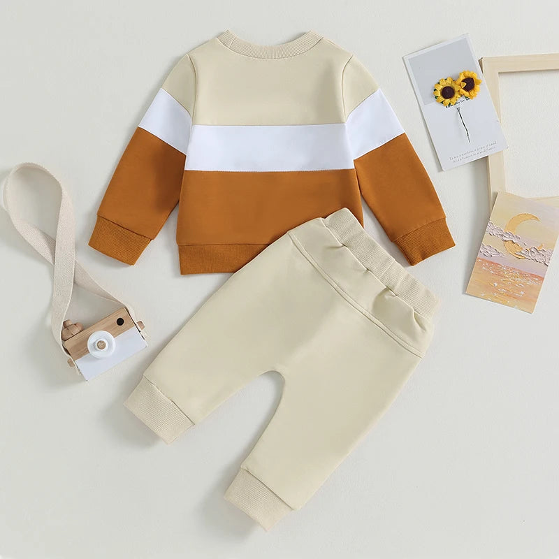 Toddler Baby Boy Fall Winter Clothes Color Block Long Sleeve Sweatshirt Pullover Top Pants Sweatsuit Set Outfits 0-3T