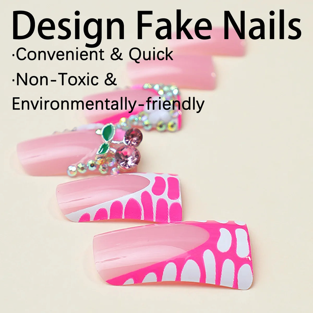 24Pcs French Fake Nails Pink Rhinestone Design False Nail Duckbill Shaped Wearable Manicure Full Cover Press on Nails for Women