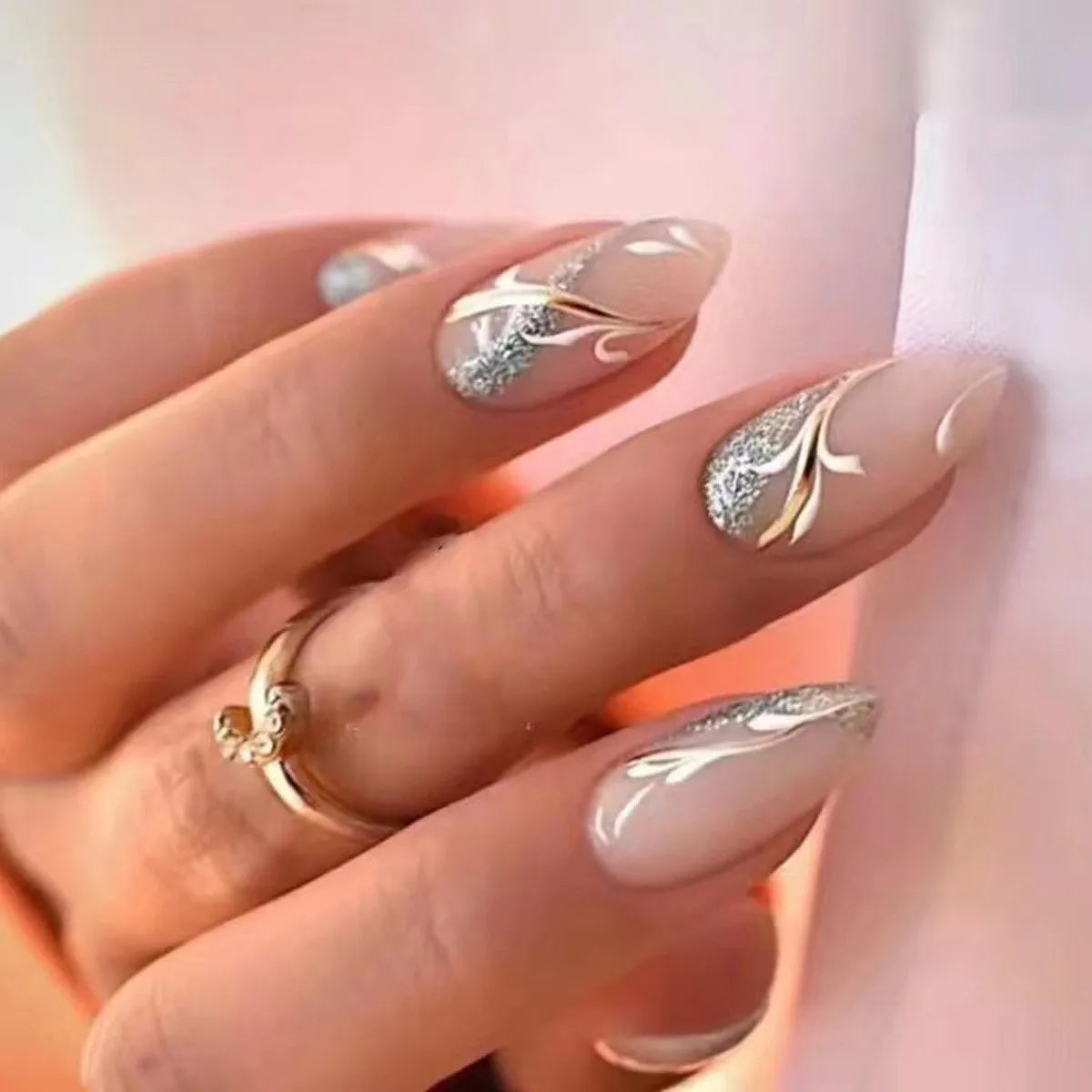 24Pcs Mid-length False Nails with Almond Head Design Brown Gold Lines Fake Nails Oval Wearable French Press on Nail Tips