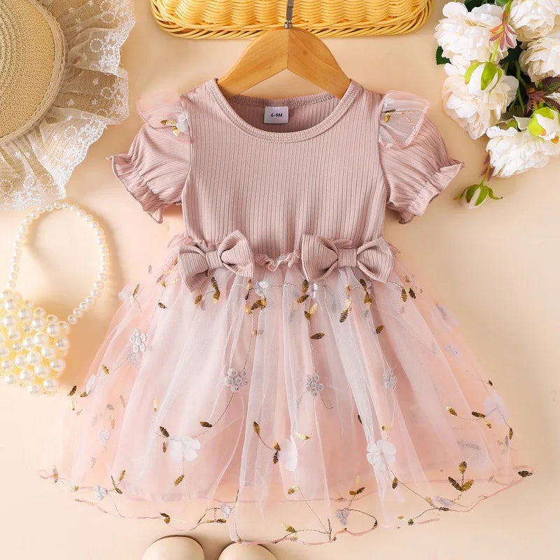 Baby Girl Dress Summer Girl Full Print Flower Mesh Princess Dress Girl Bow Flower Girl Wedding Dress Birthday Dress