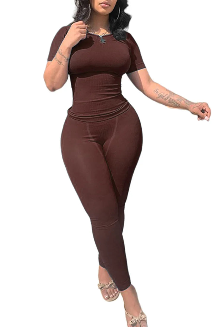 Lounge Wear Ribbed Casual 2 Piece Summer Shorts Set For Women Sleeve Top+Elastic Leggings Outfits