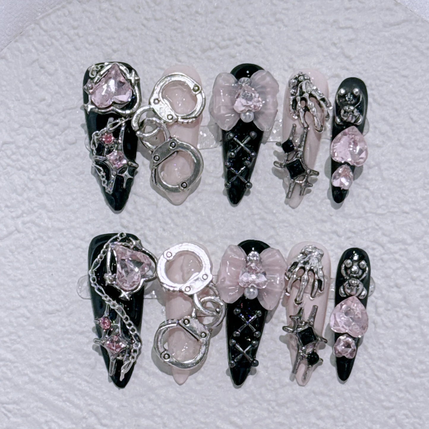 10Pcs Full Cover Butterflies Rhinestones Design Pink Almond