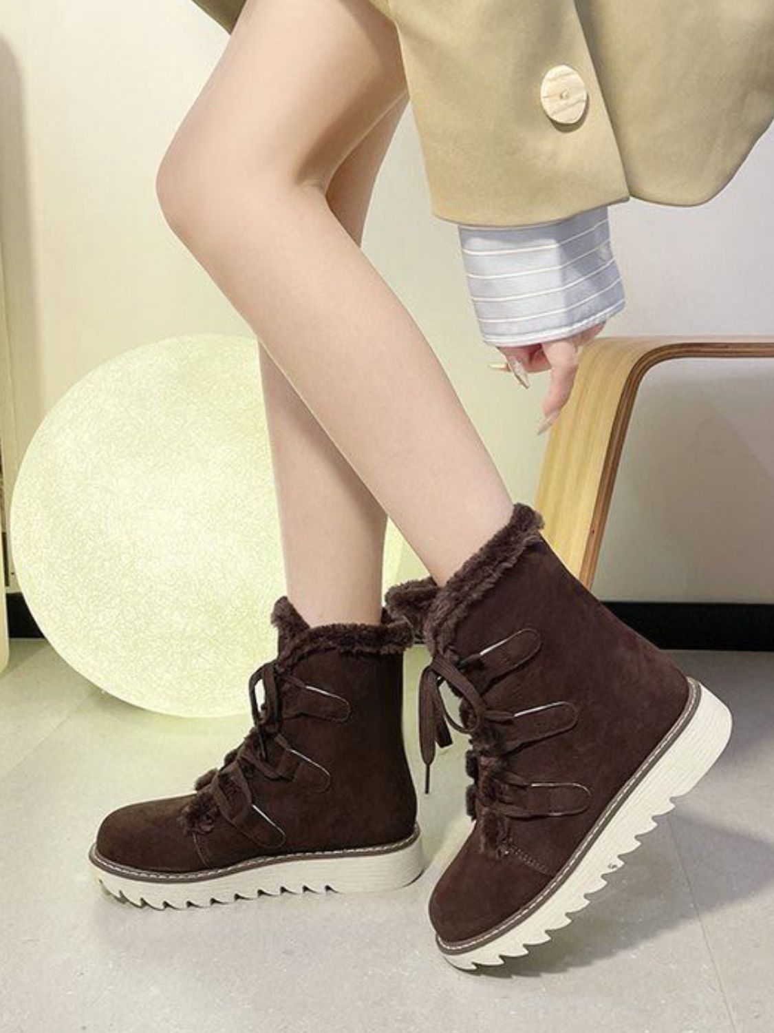 Faux Fur Lace Up Round Toe Boots