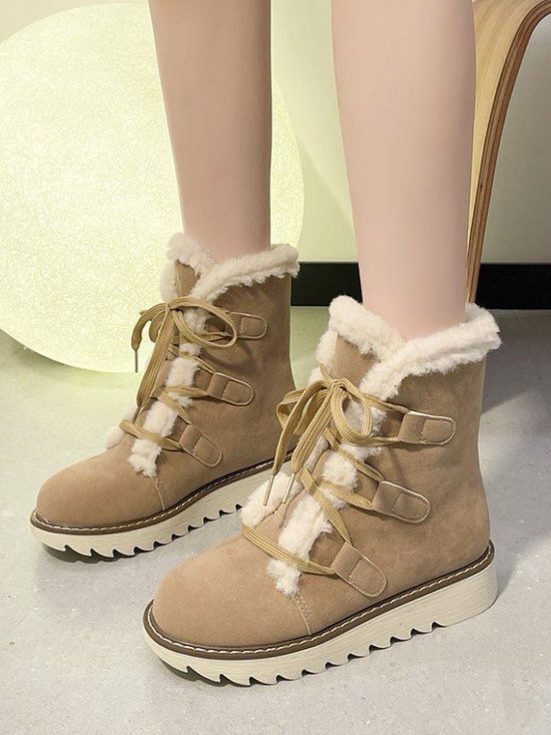 Faux Fur Lace Up Round Toe Boots