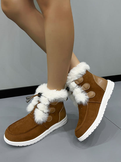 Plush Detail Suede Round Toe Boots