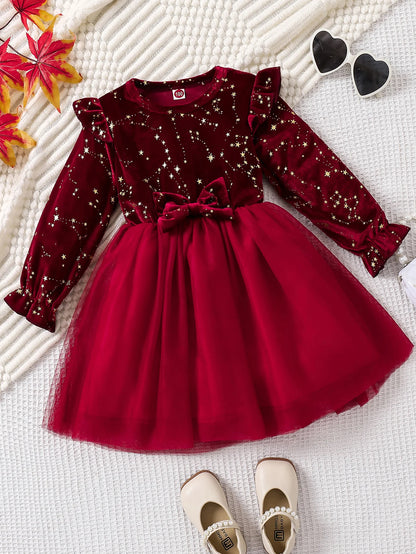 Autumn Winter 1-8 Years Children Christmas Princess Dress Red Velvet Gown Stars Mesh Dress