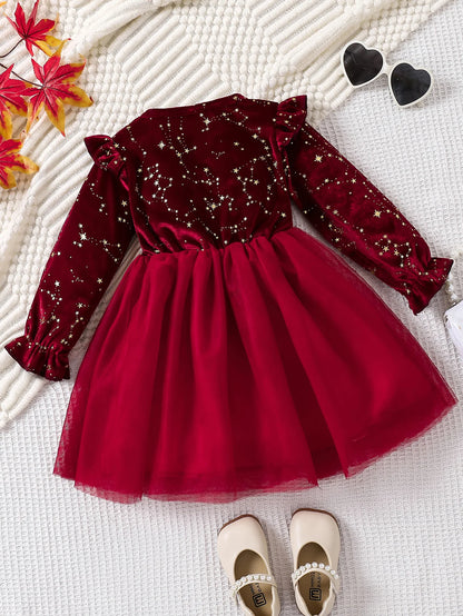 Autumn Winter 1-8 Years Children Christmas Princess Dress Red Velvet Gown Stars Mesh Dress