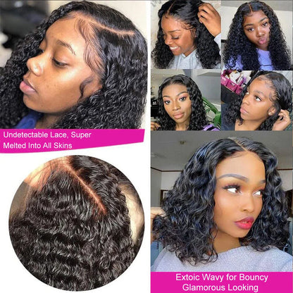 100% Brazilian Human Hair Wigs Deep Curly Bob Wig Natural Black Color Deep Wave HD Lace Front 13x4 Transparent Lace Wigs