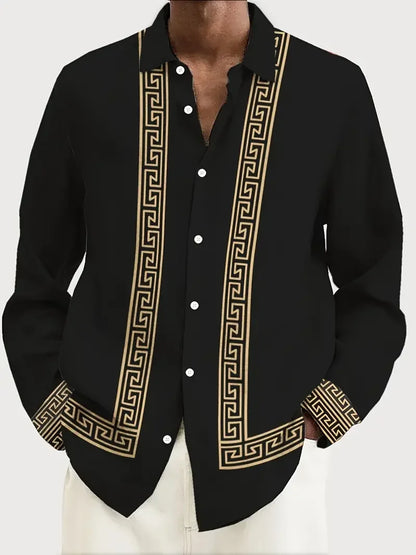 Men's retro long sleeved shirt, luxurious gold Baroque chain pattern printed fashion long sleeved top for spring and autumn