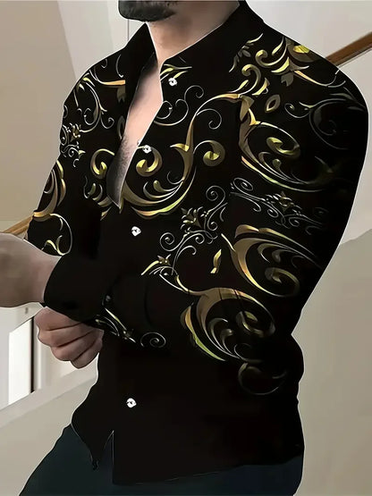 Men's retro long sleeved shirt, luxurious gold Baroque chain pattern printed fashion long sleeved top for spring and autumn