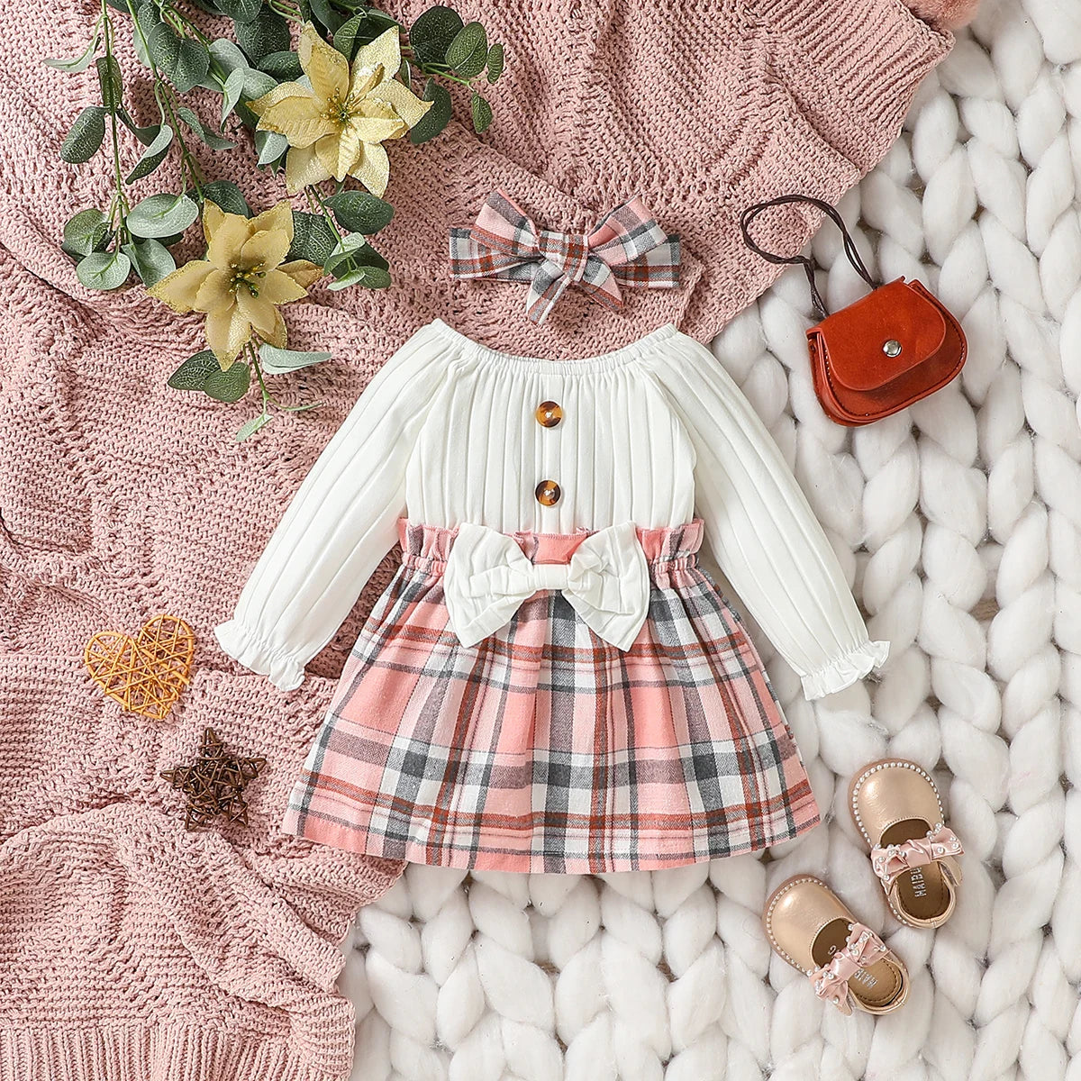 Baby Girls Summer Long Sleeve With Button Plaid For Preppy Style Party Dress