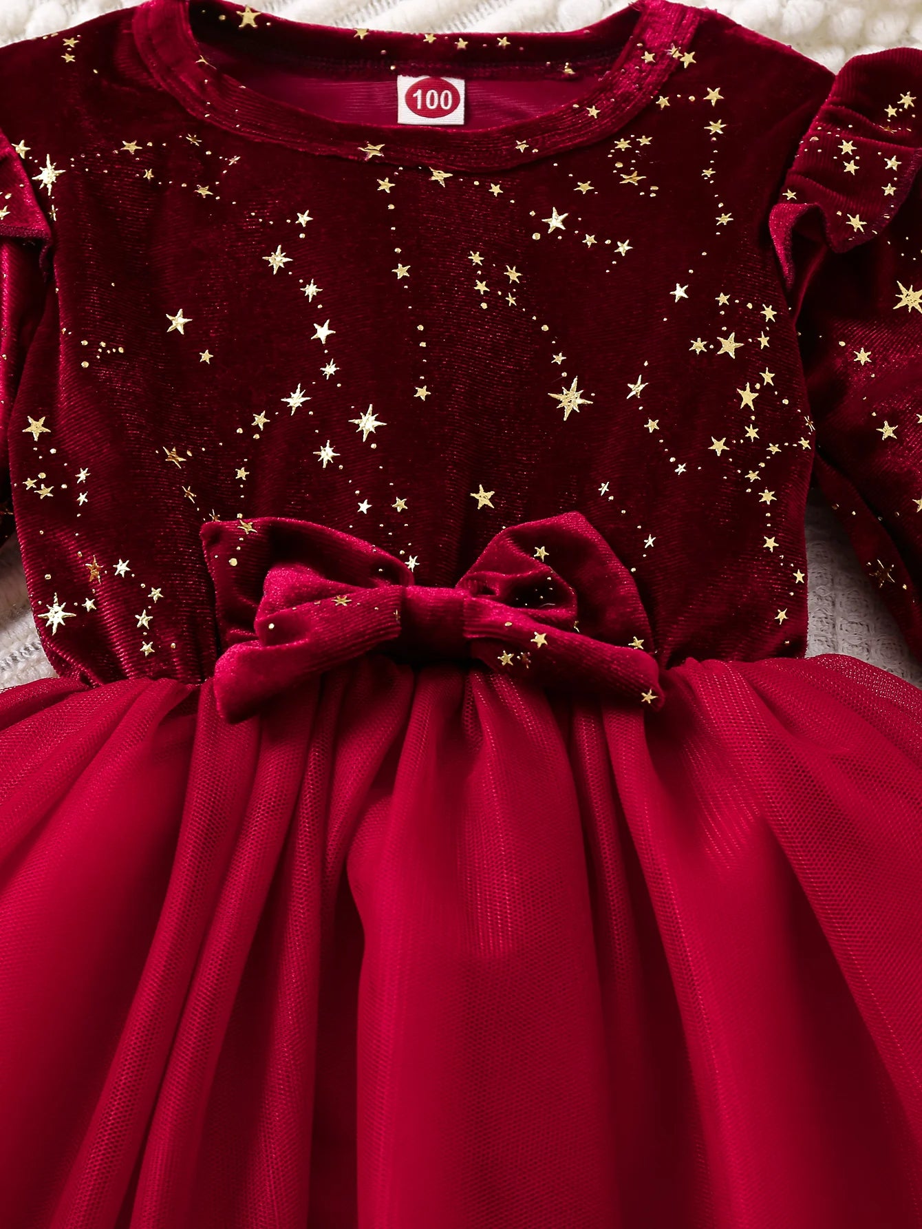 Autumn Winter 1-8 Years Children Christmas Princess Dress Red Velvet Gown Stars Mesh Dress