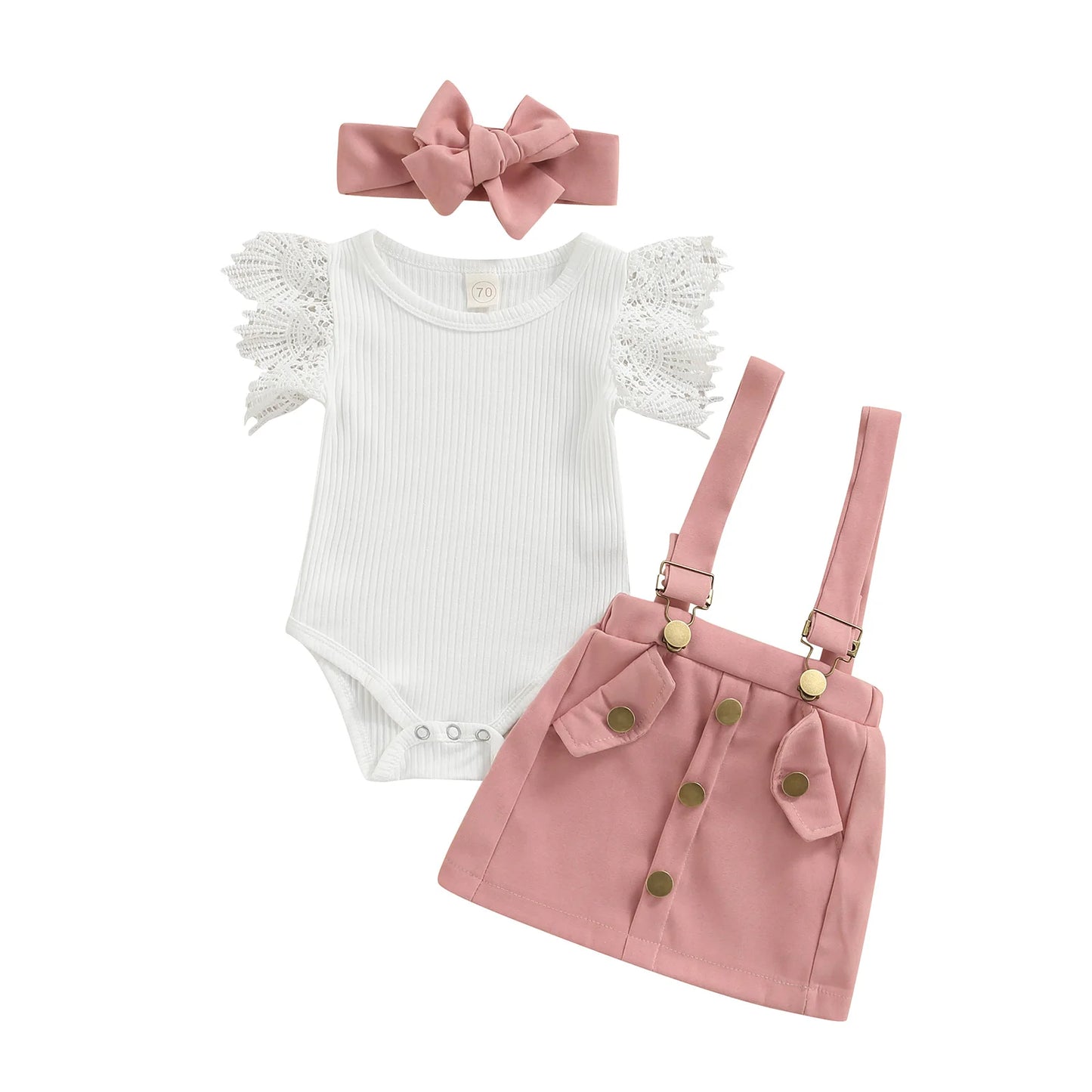 0-18M Newborn Infant Baby Girls Lace Short Sleeve Romper Tops Suspender Skirt Headband Outfits Clothes Set 3pcs Summer Clothing