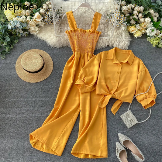 Neploe Summer Holiday 2 Pcs Women Set Sexy Slim Waist Pleat Design Wide Leg Jumpsuit + Turn Down Collar Short Sleeve Shirt Suit